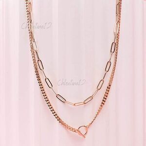 14k Rose Gold Plated Layered Chain Necklace Curb Chain Paperclip Chain